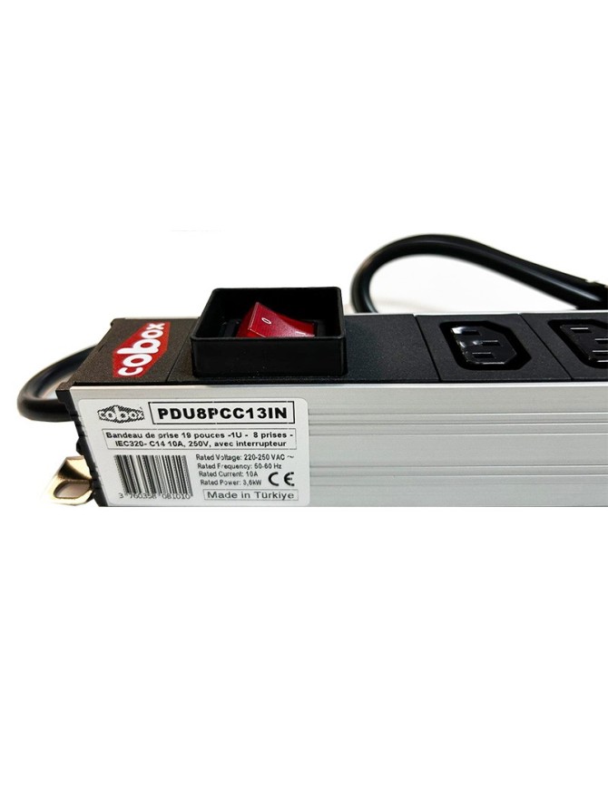PDU, Multiprise 19 pouces, 1U, 8 prises IEC320, C13 Cordon C14, 10A 250V, avec interrupteur on/off